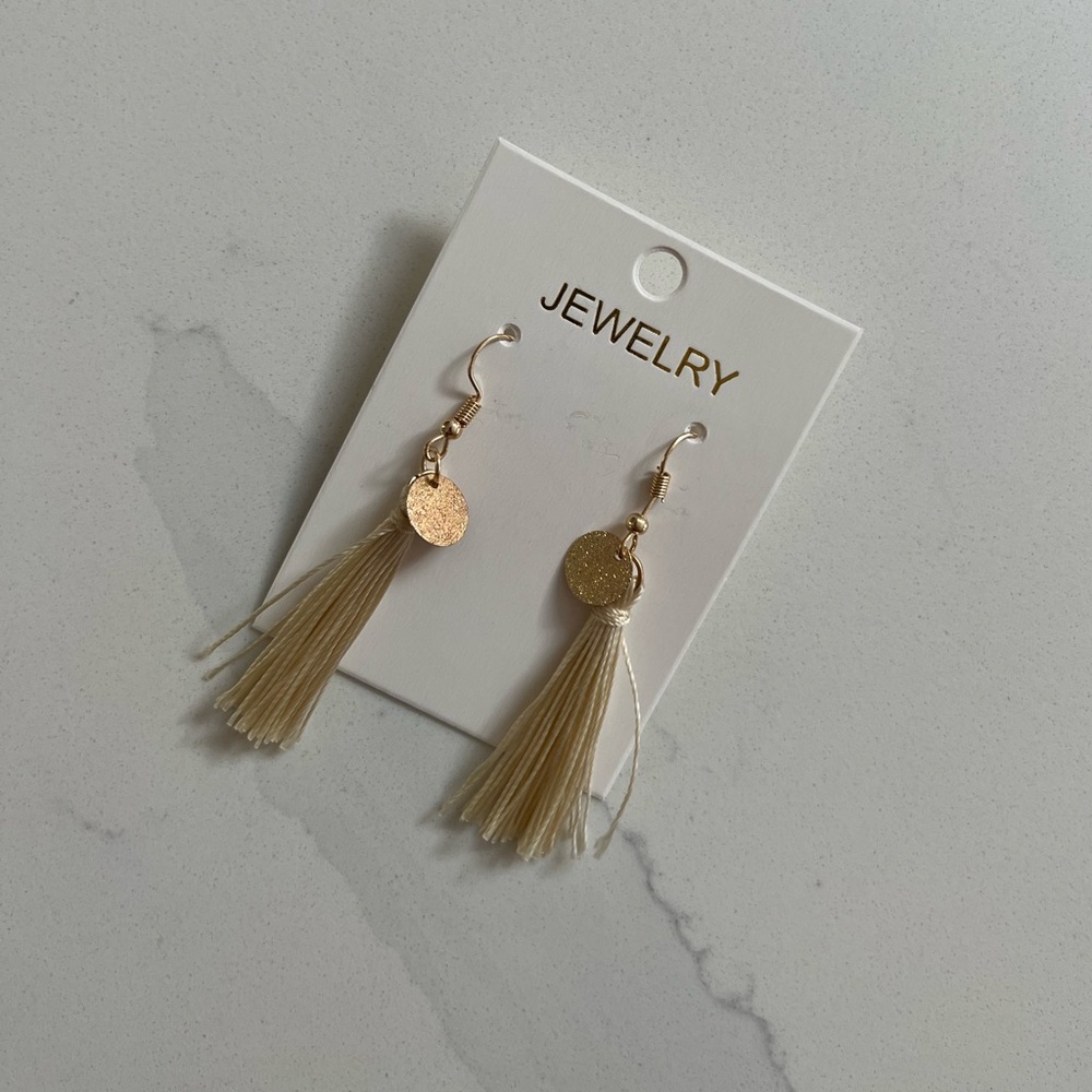 Brand New Cream Tassel Earrings with Gold Tone Accents